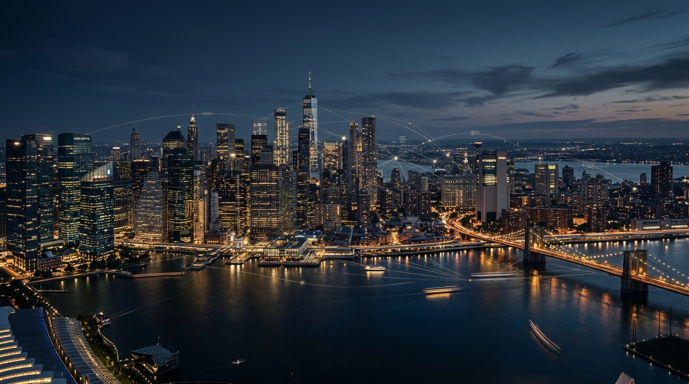Global city skyline at night representing international business connectivity